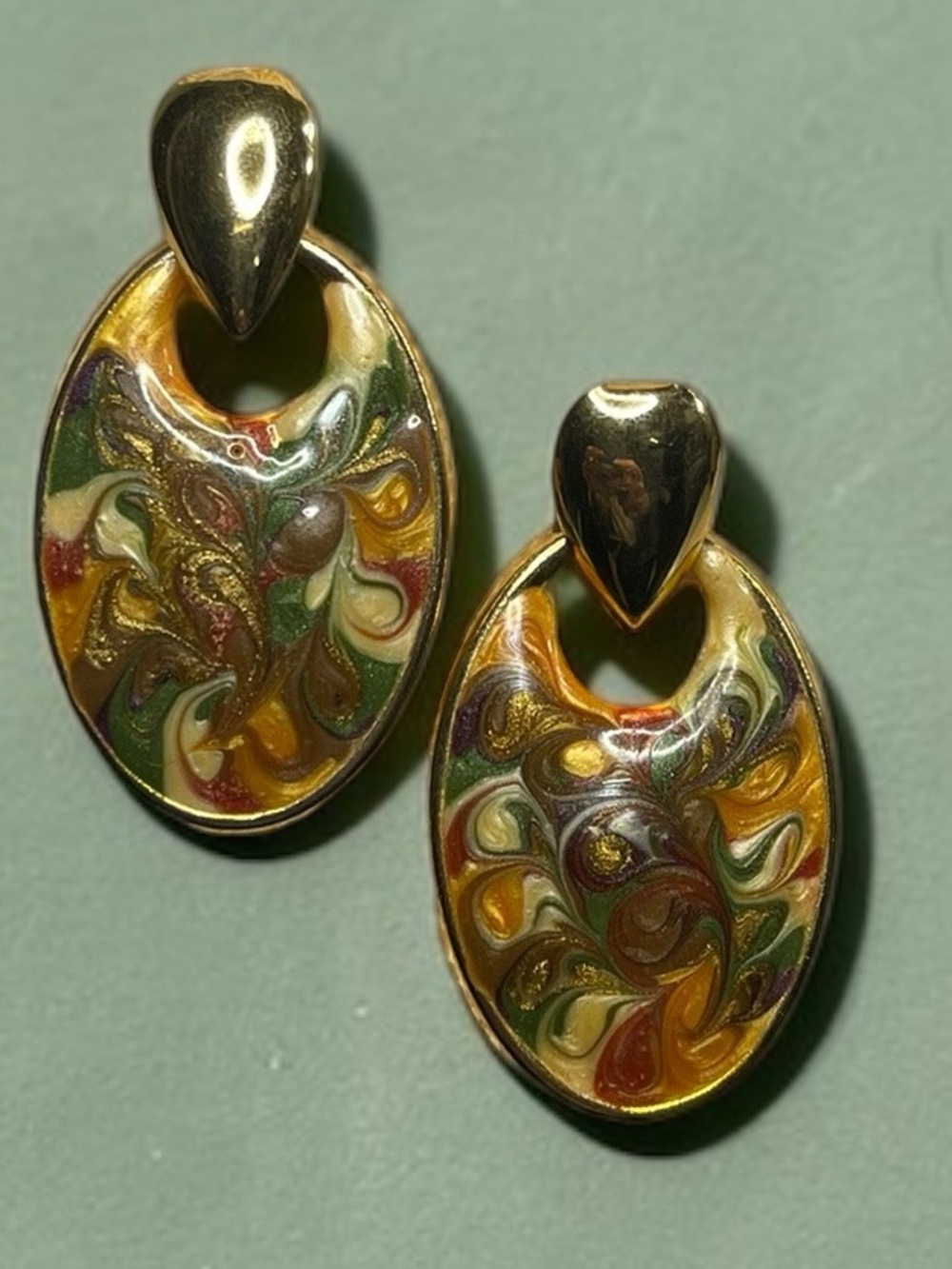 Vintage Gold Tone Marbled Enamel Door Knocker Earrings Fall Colors